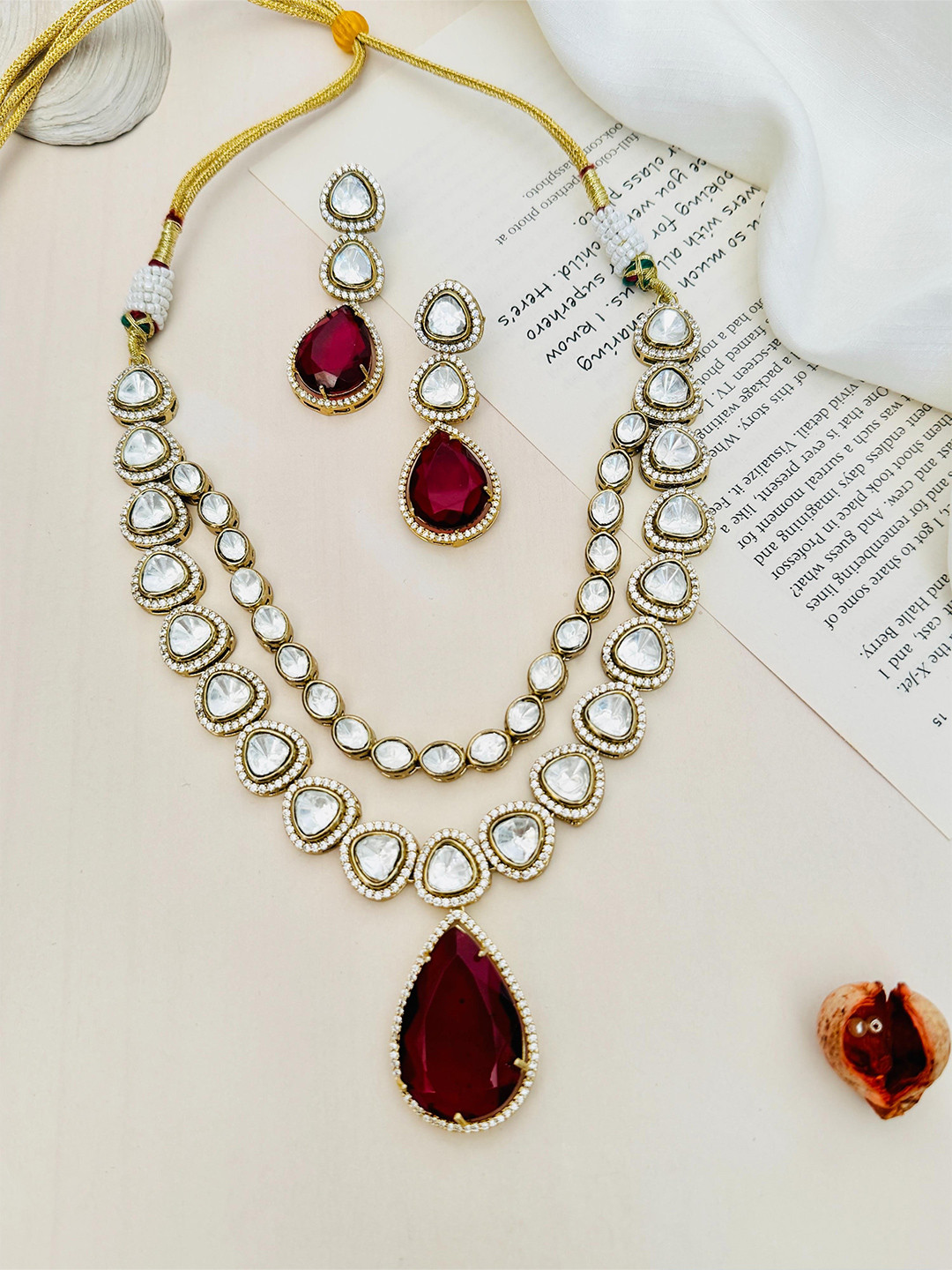 

ABDESIGNS Gold Plated Polki American Diamond-Studded Jewellery Set