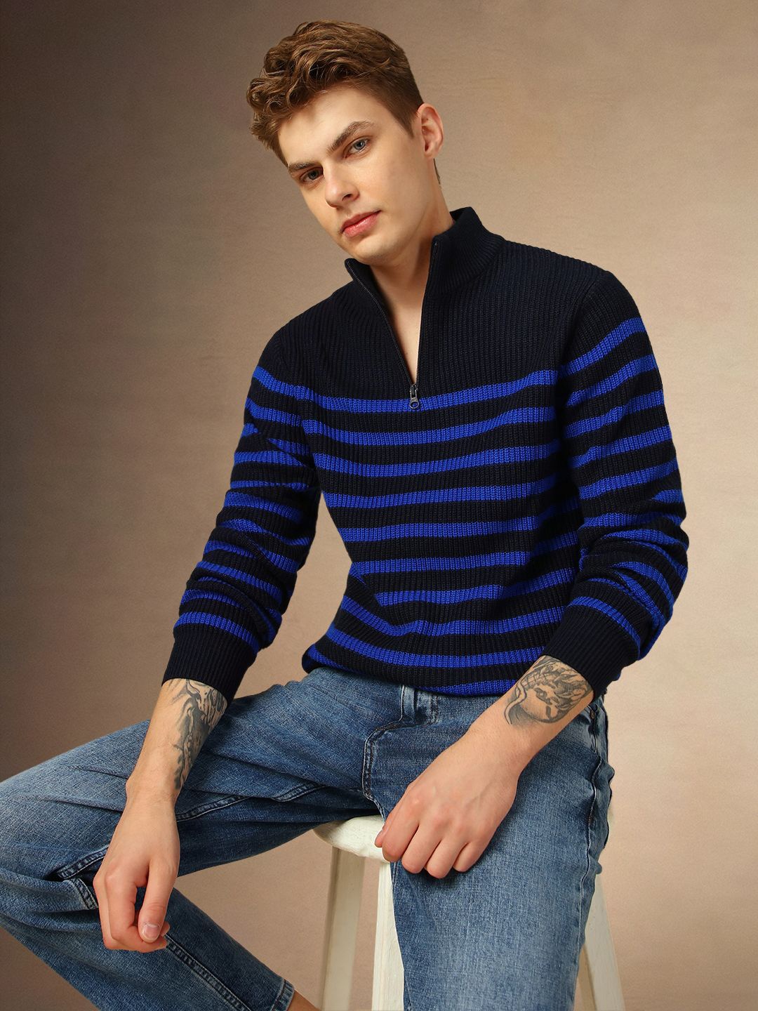 

Dennis Lingo Striped Mock Collar Acrylic Pullover, Navy blue