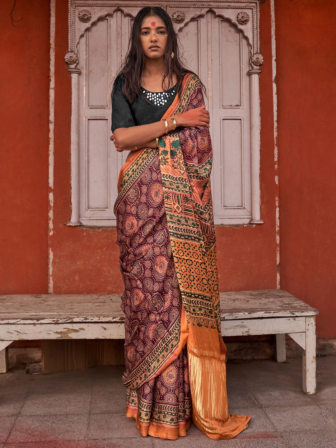 

Saree mall Ajrak Printed Block Sarees With Matching Blouse, Magenta