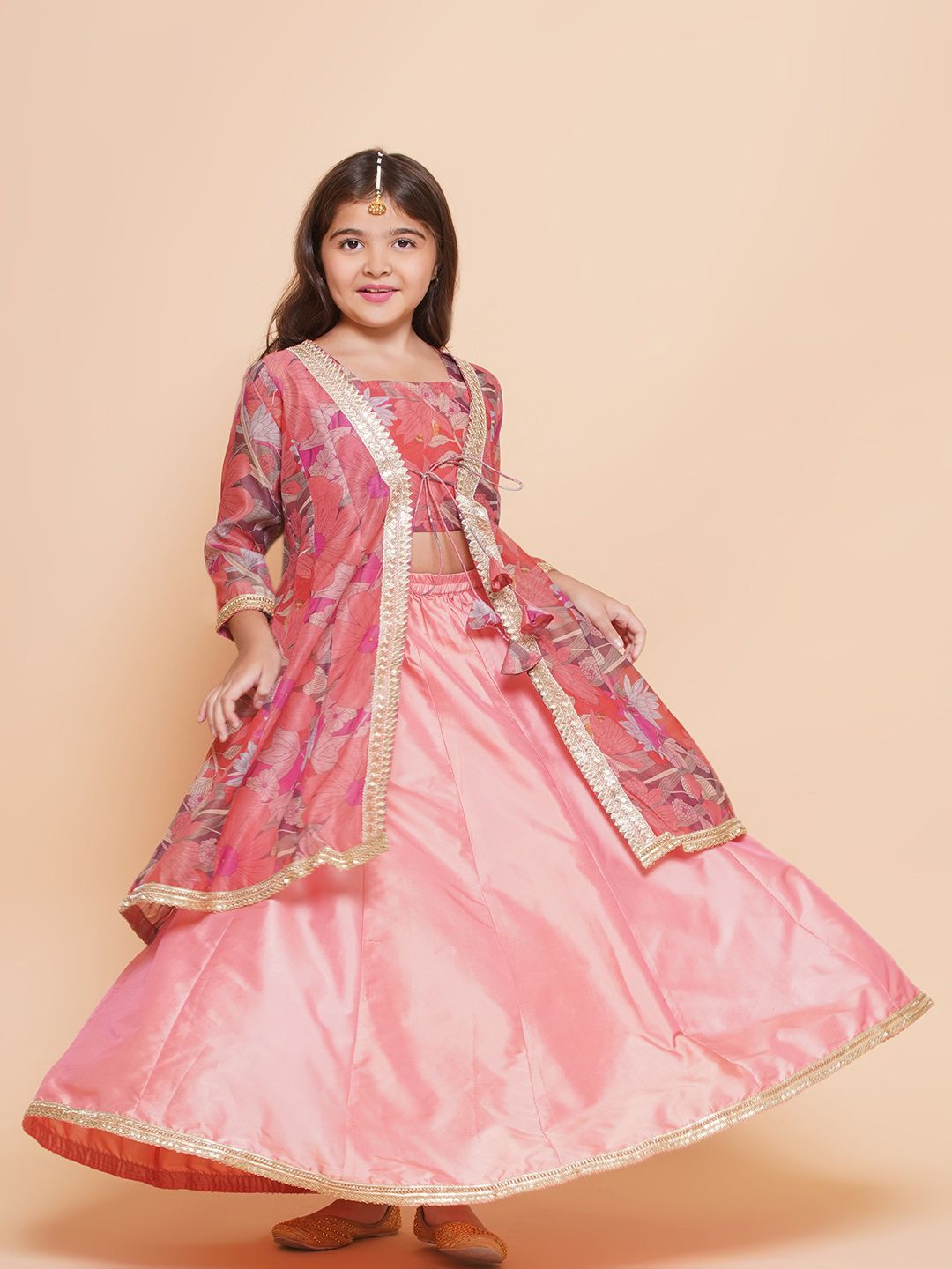 

Bitiya by Bhama Girls Floral Printed Mirror Work Ready to Wear Lehenga & Blouse with Shrug, Peach