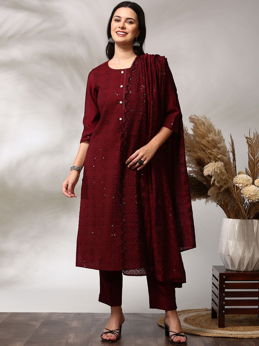 

Anouk Maroon Floral Embroidered Sequinned Straight Kurta With Trouser & Dupatta