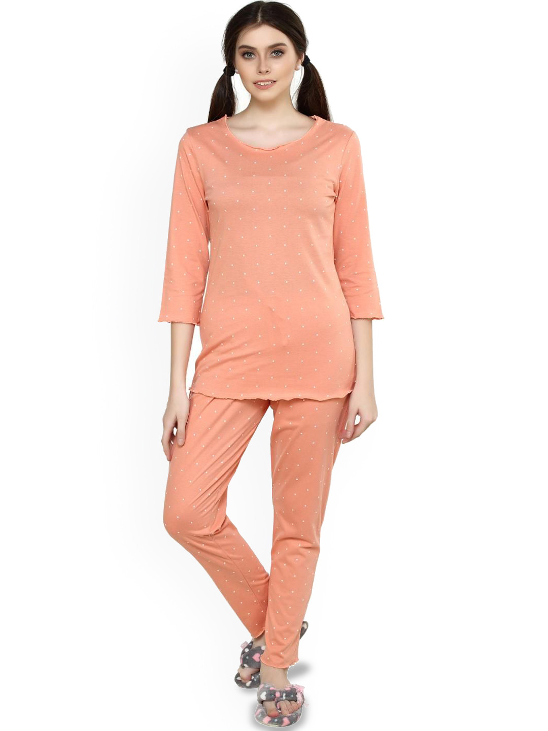 

evolove Women Polka Dot Printed Night suit, Peach