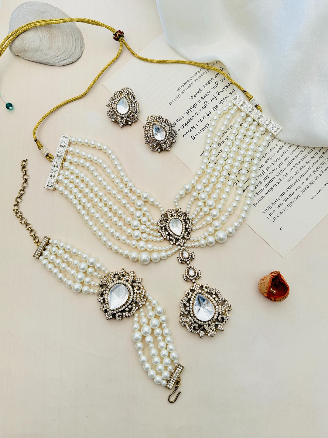 

ABDESIGNS Gold Plated Polki American Diamond-Studded & Beaded Jewellery Set