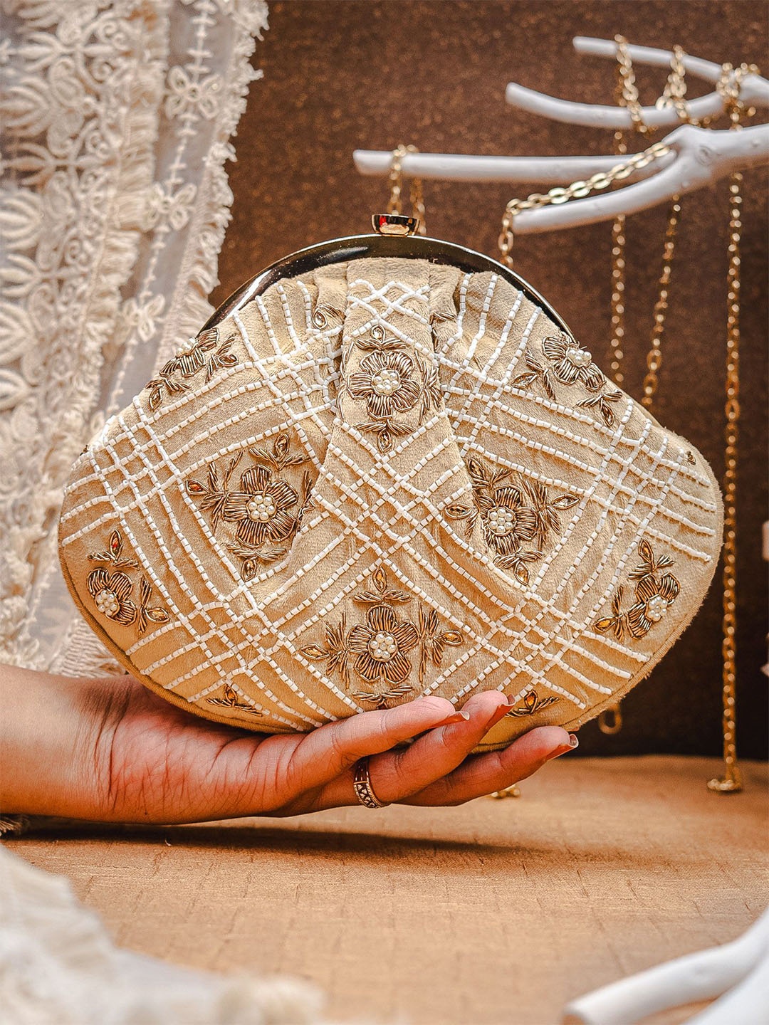 

NR By Nidhi Rathi Embroidered Clutch, Gold