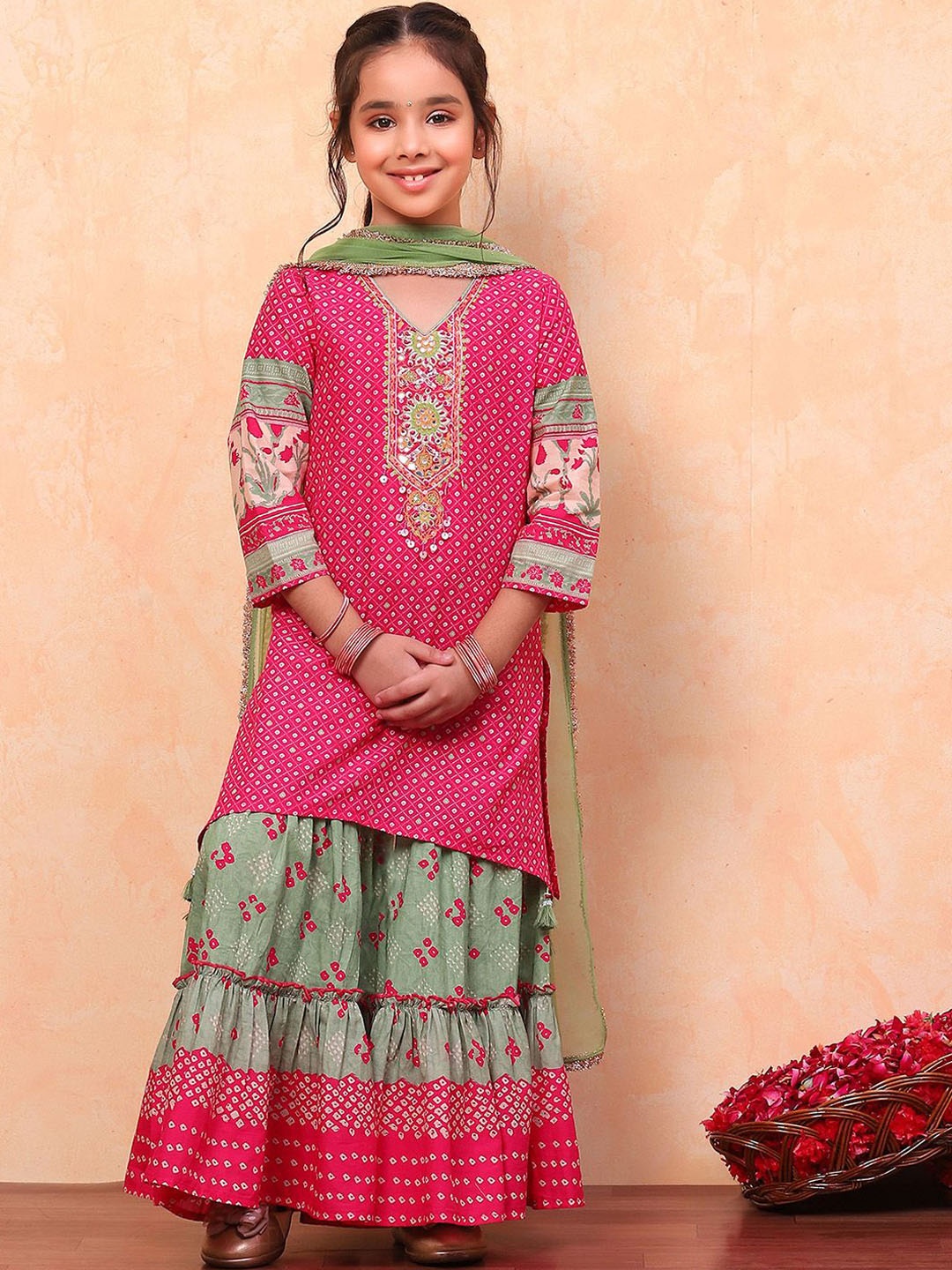 

Biba Girls Floral Printed Angrakha Pure Cotton Kurta With Sharara & Dupatta, Pink