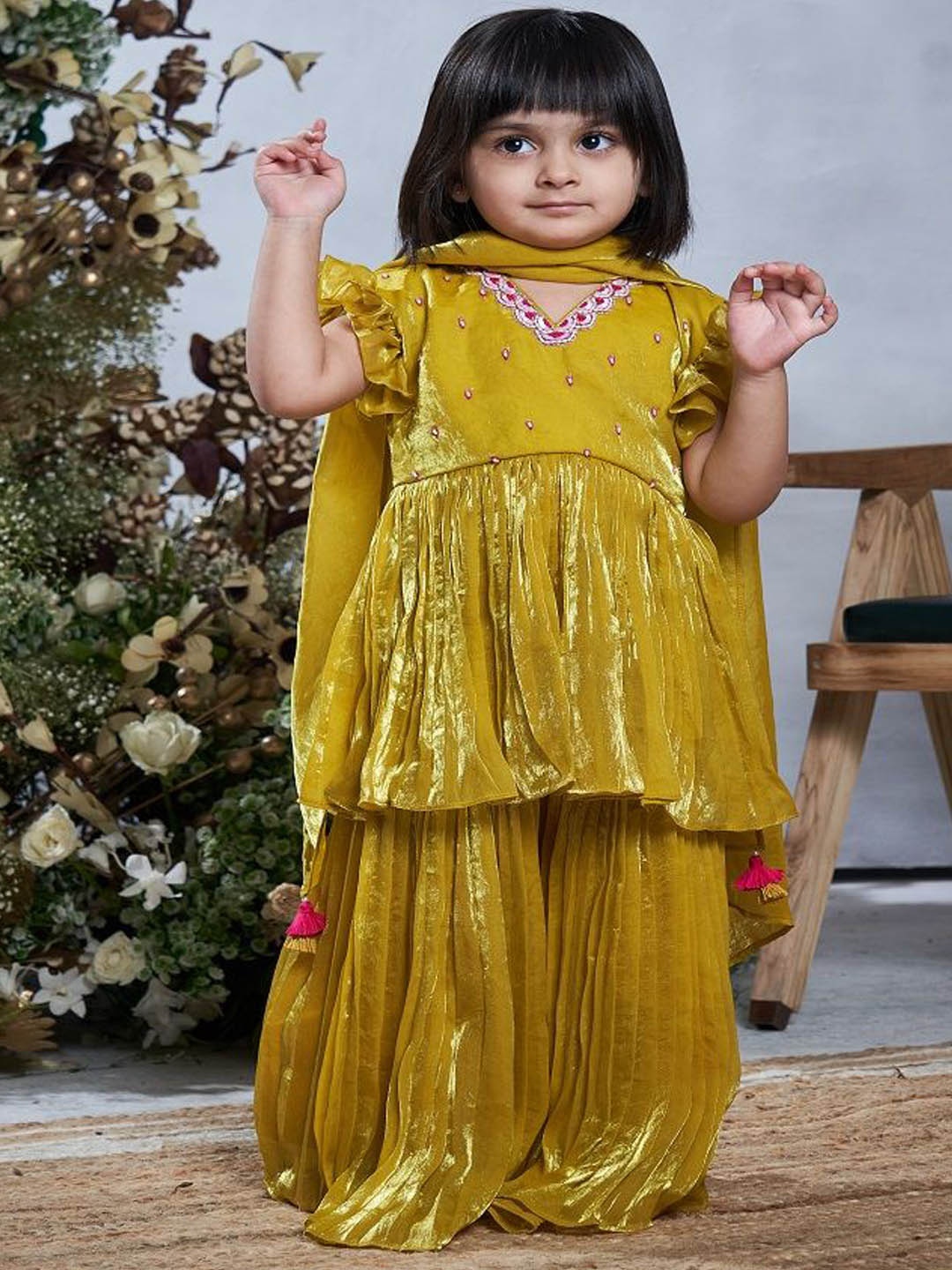 

Vivedkids Girls Floral Embroidered Thread Work Anarkali Kurti With Sharara & Dupatta, Yellow