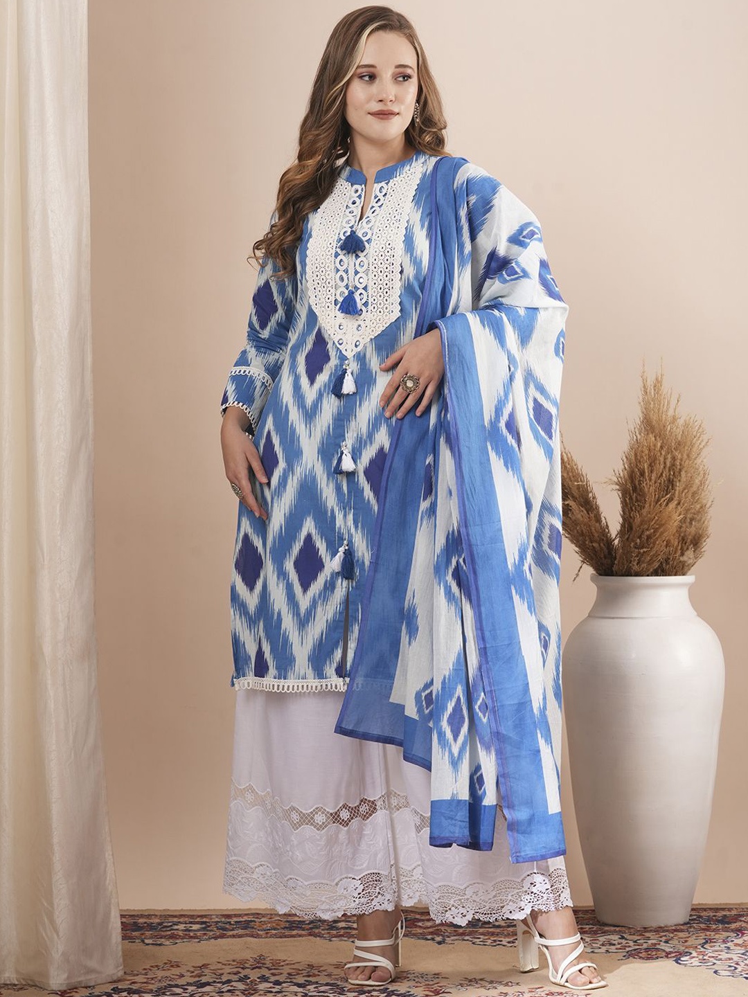 

FASHOR Geometric Printed Mirror Work Pure Cotton Kurta With Palazzos & Dupatta, Blue