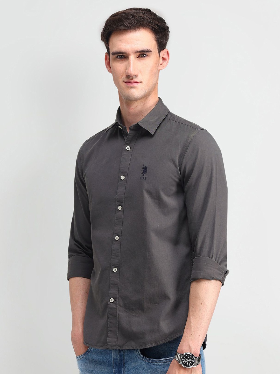 

U.S. Polo Assn. Denim Co. Men Manhattan Spread Collar Solid Cotton Slim Fit Casual Shirt, Grey