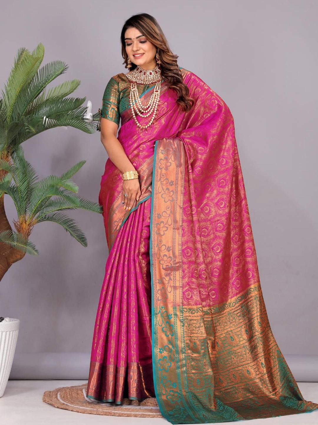 

JAY FASHION Woven Design Zari Kanjeevaram Saree, Pink