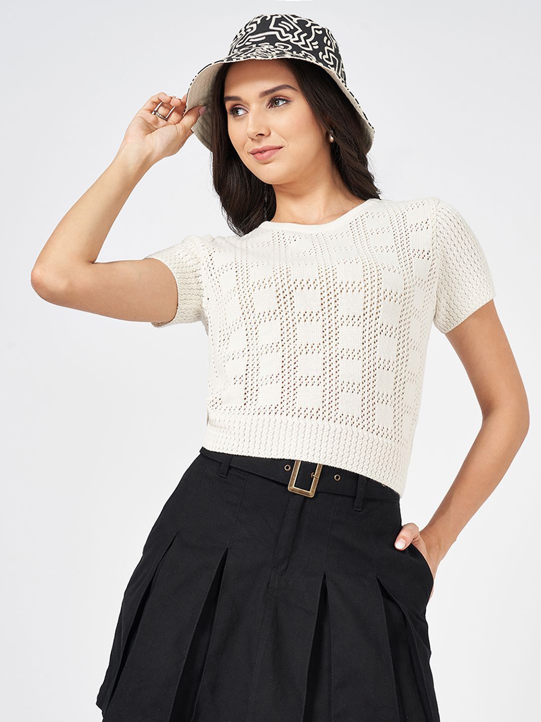 

People Women Self Design Pure Cotton Top, Off white