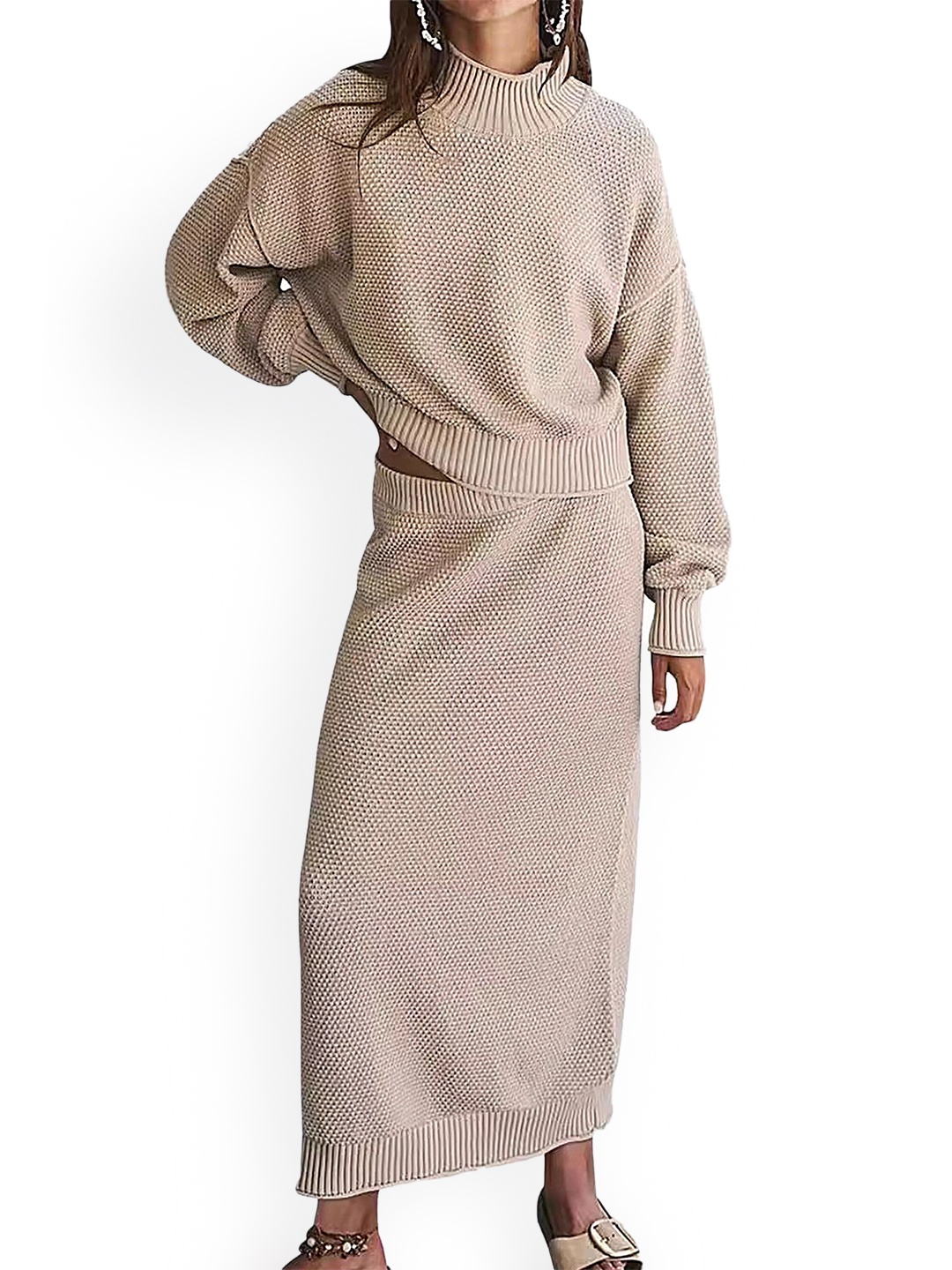 

LULU & SKY Turtleneck Knitted Sweater & Midi Skirt Co-Ords, Beige