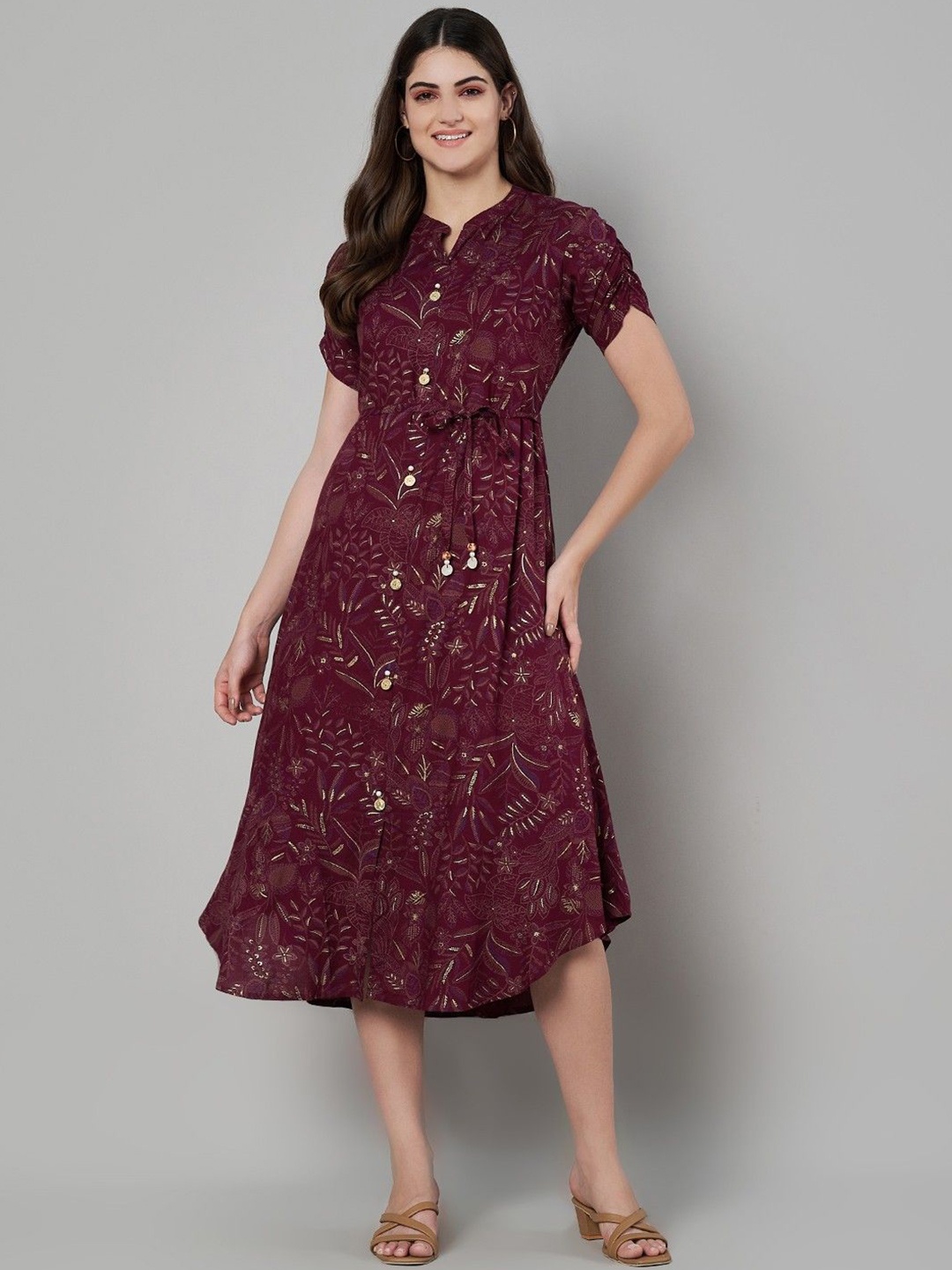 

Label Khoj Women Floral Printed Fit & Flare Dress, Maroon