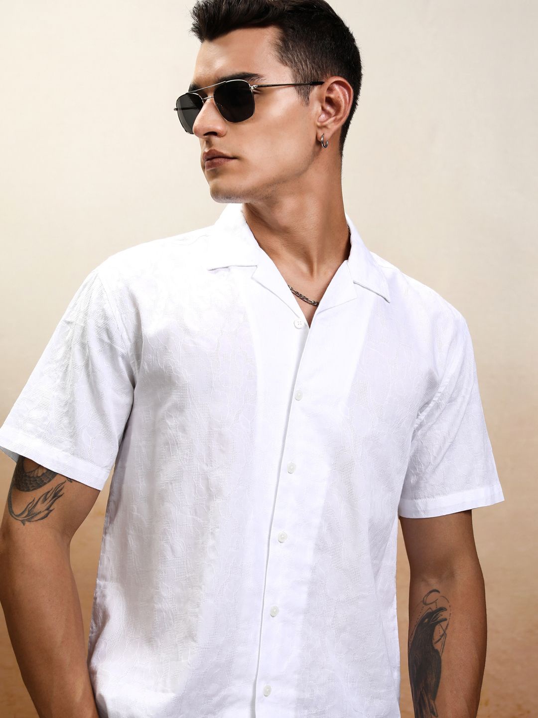 

Highlander Men Jacquard Textured Cuban Collar Relaxed Shirt, White