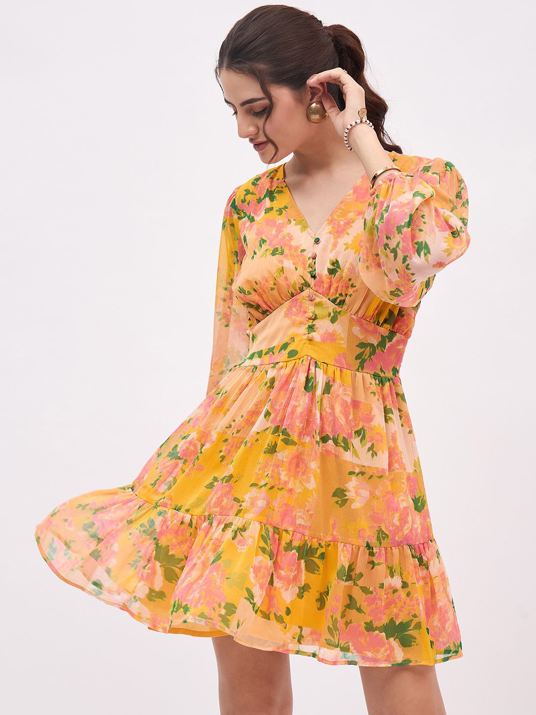 

JUNE & HARRY Floral Print Puff Sleeve Georgette Fit & Flare Dress, Yellow