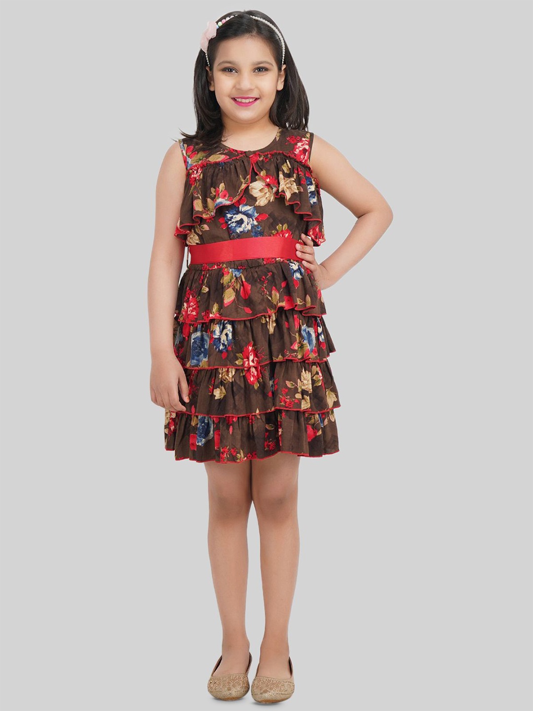 

BEING NAUGHTY Girls Floral Printed A-Line Dress, Brown
