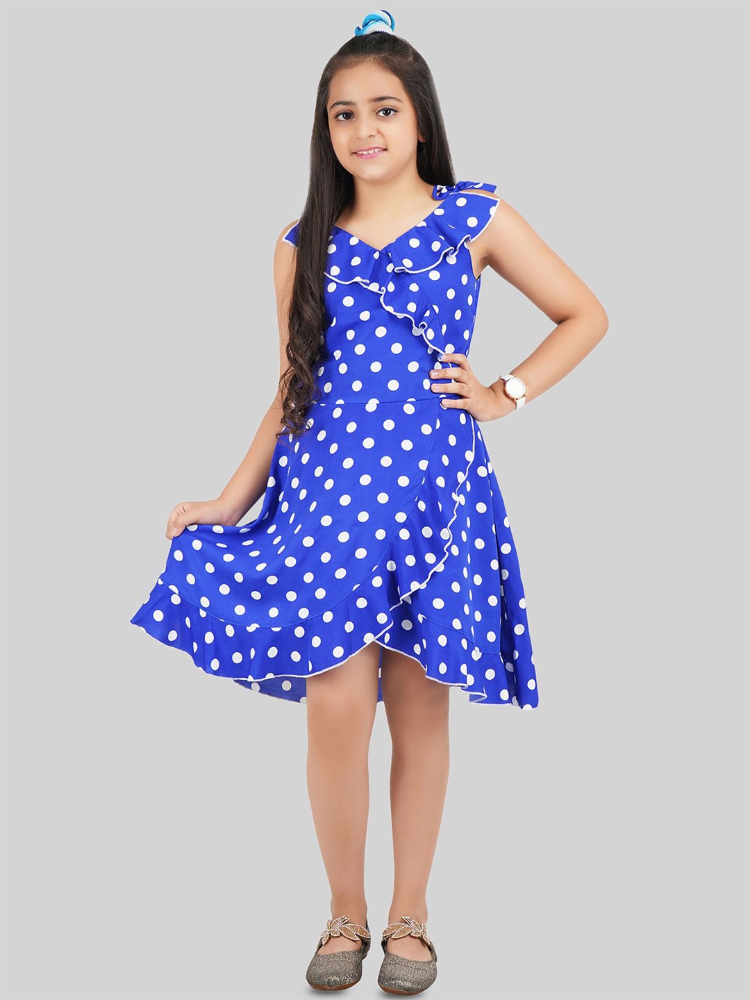 

BEING NAUGHTY Girls Polka Dot Printed Ruffles Fit & Flare Dress, Blue