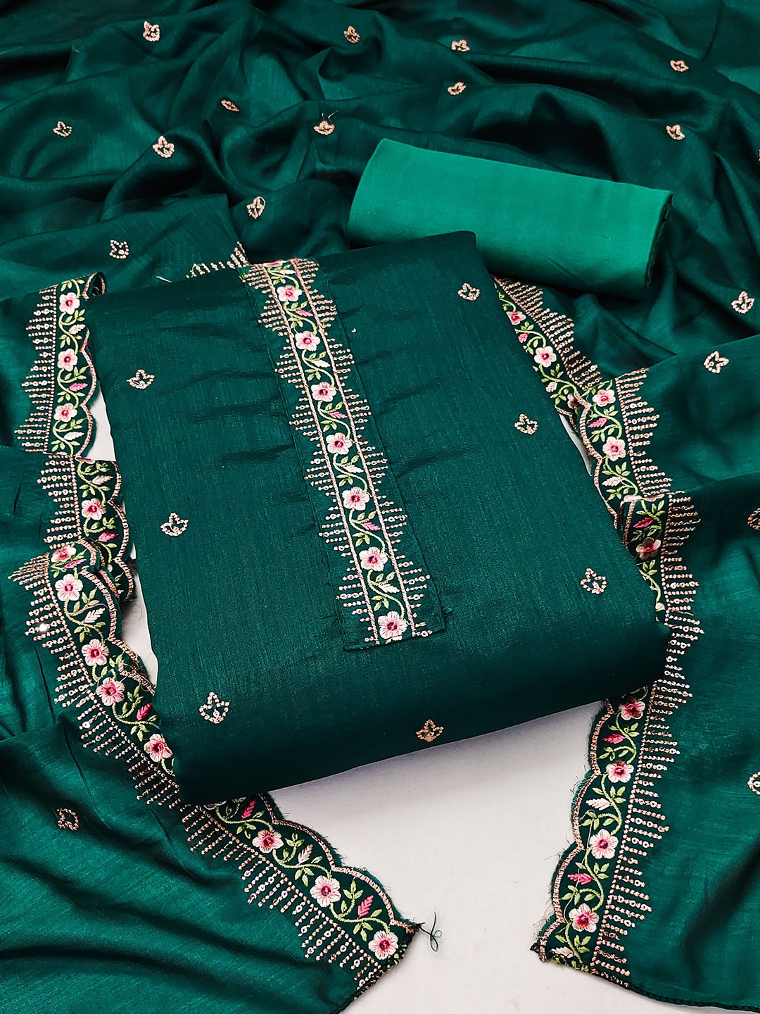 

Maroosh Floral Embroidered Thread Work Unstitched Dress Material, Sea green
