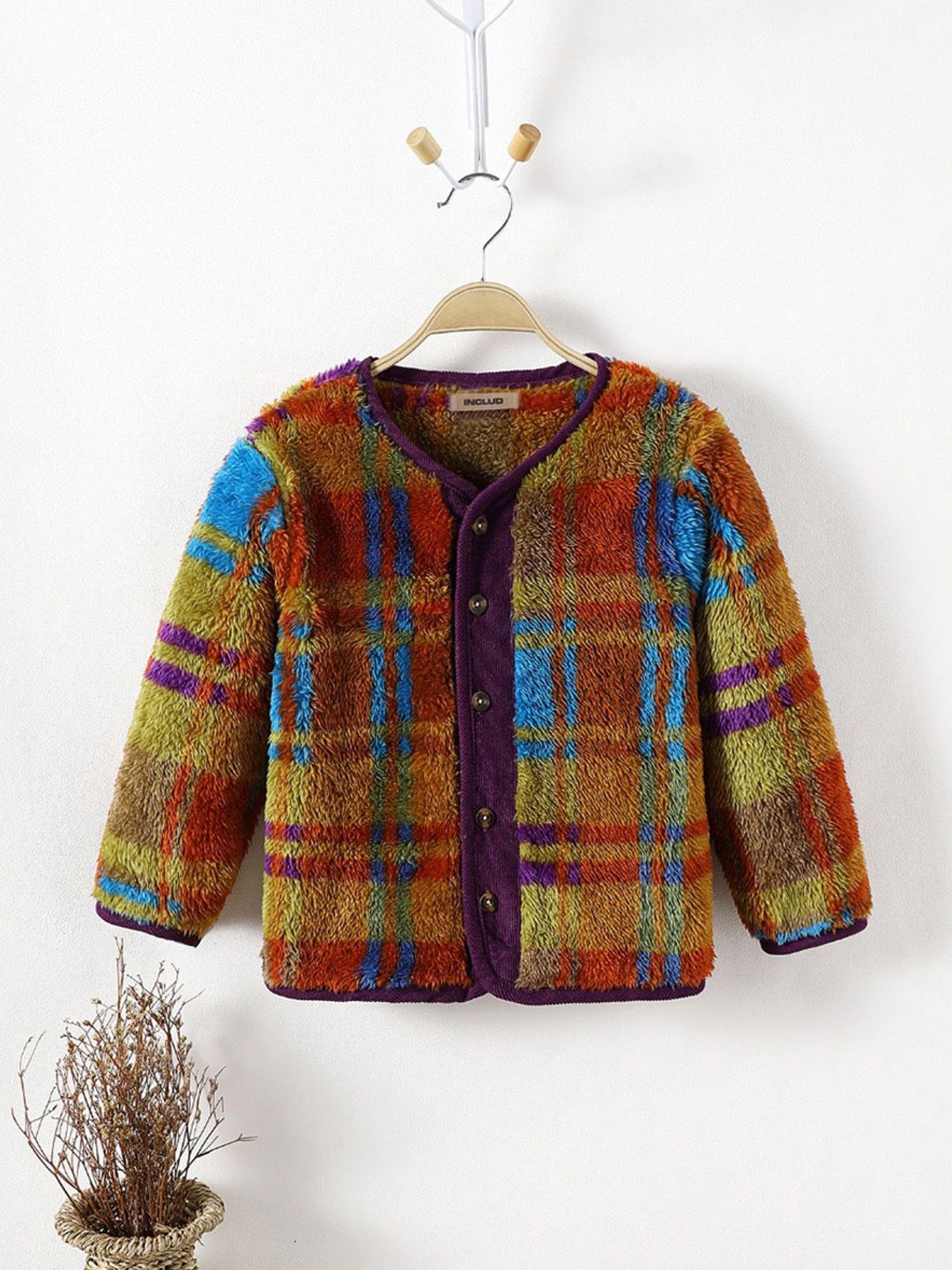 

INCLUD Girls Checked Casual Cardigan, Brown