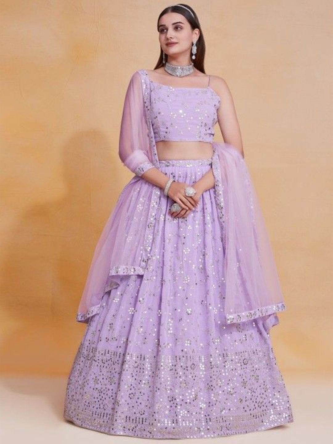 

JIHU CULTURE Embellished Sequinned Semi-Stitched Lehenga & Unstitched Blouse With Dupatta, Lavender