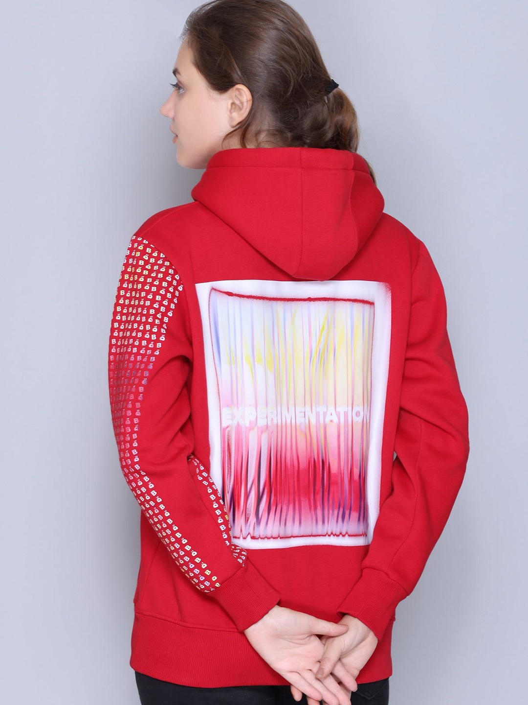 

BIZARRELY Women Printed Hooded Pullover Sweatshirt, Red