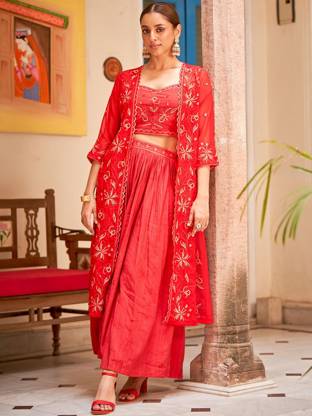 

DRESOUL Embroidered Shoulder Straps Neck Sleeveless Top With Palazzo With Shrug, Red