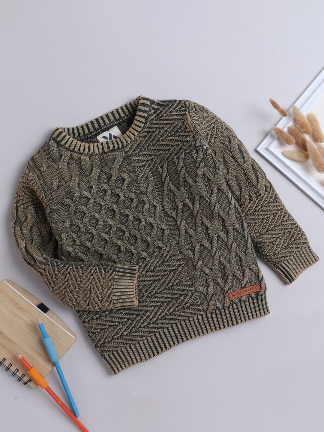 

Yellow Apple Boys Round Neck Cable Knit Pullover Sweaters, Olive