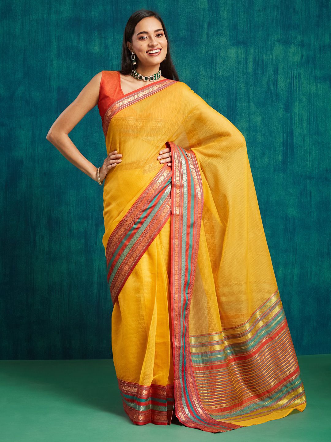 

RACHNA Woven Design Zari Ready to Wear Kanjeevaram Saree, Yellow