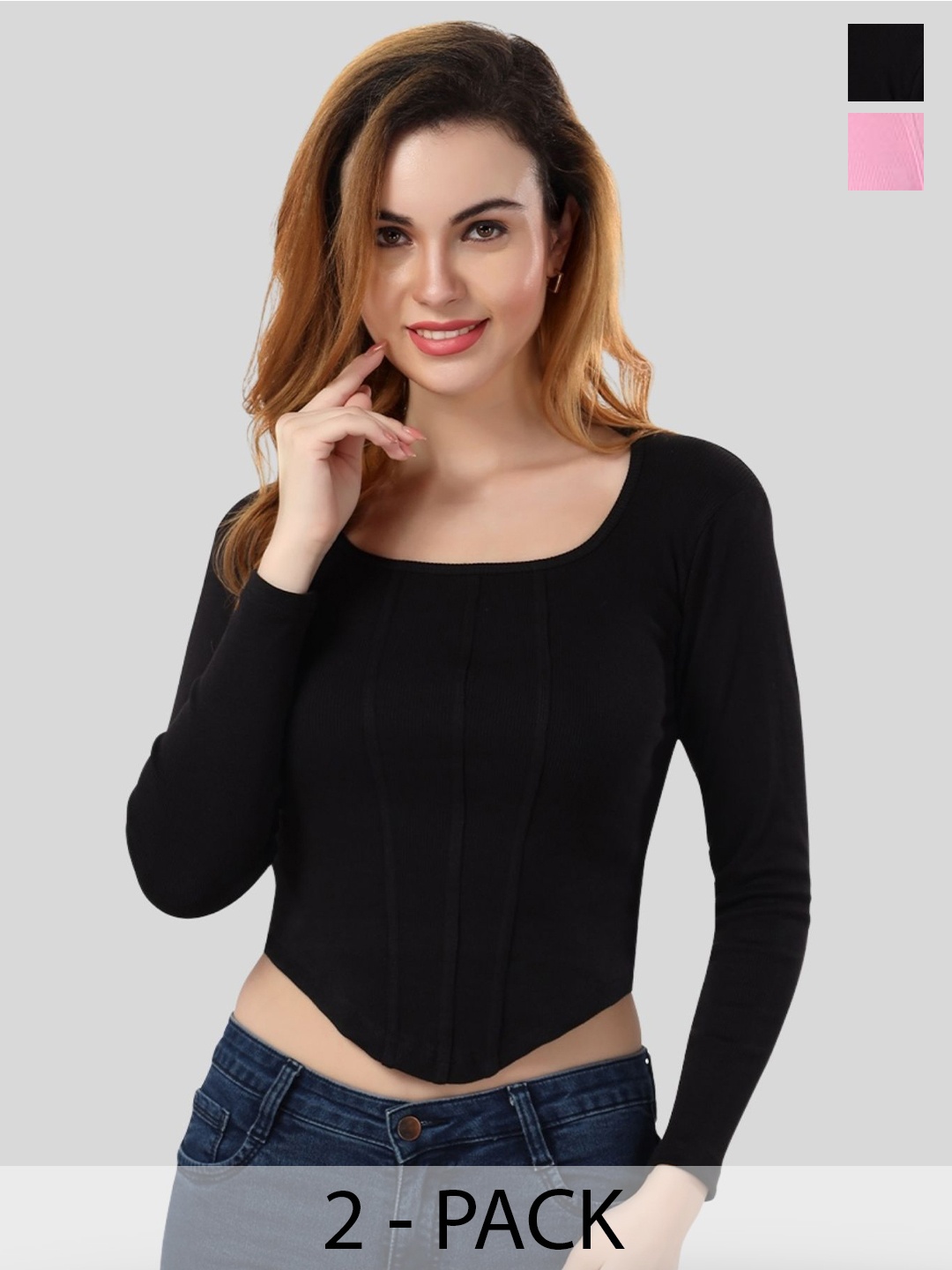 

Fabme Women Pack of 2 Cotton Crop Top, Black