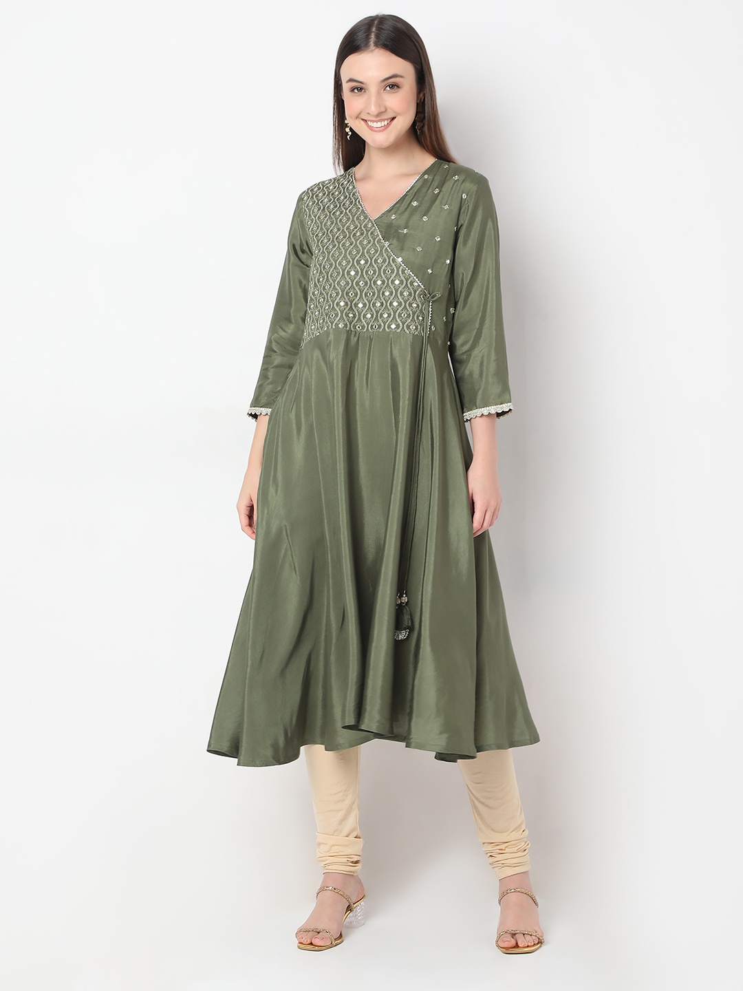 

Ethnicity Floral Embroidered V-Neck Mirror Work A-Line Kurta, Green