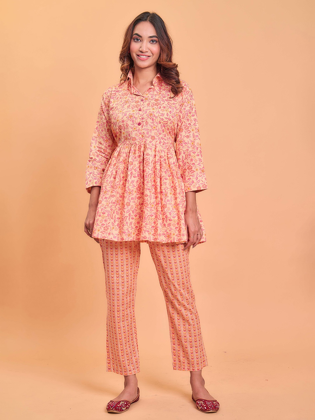 

KALINI Floral Printed Shirt Collar Pure Cotton Tunic With Trousers, Orange
