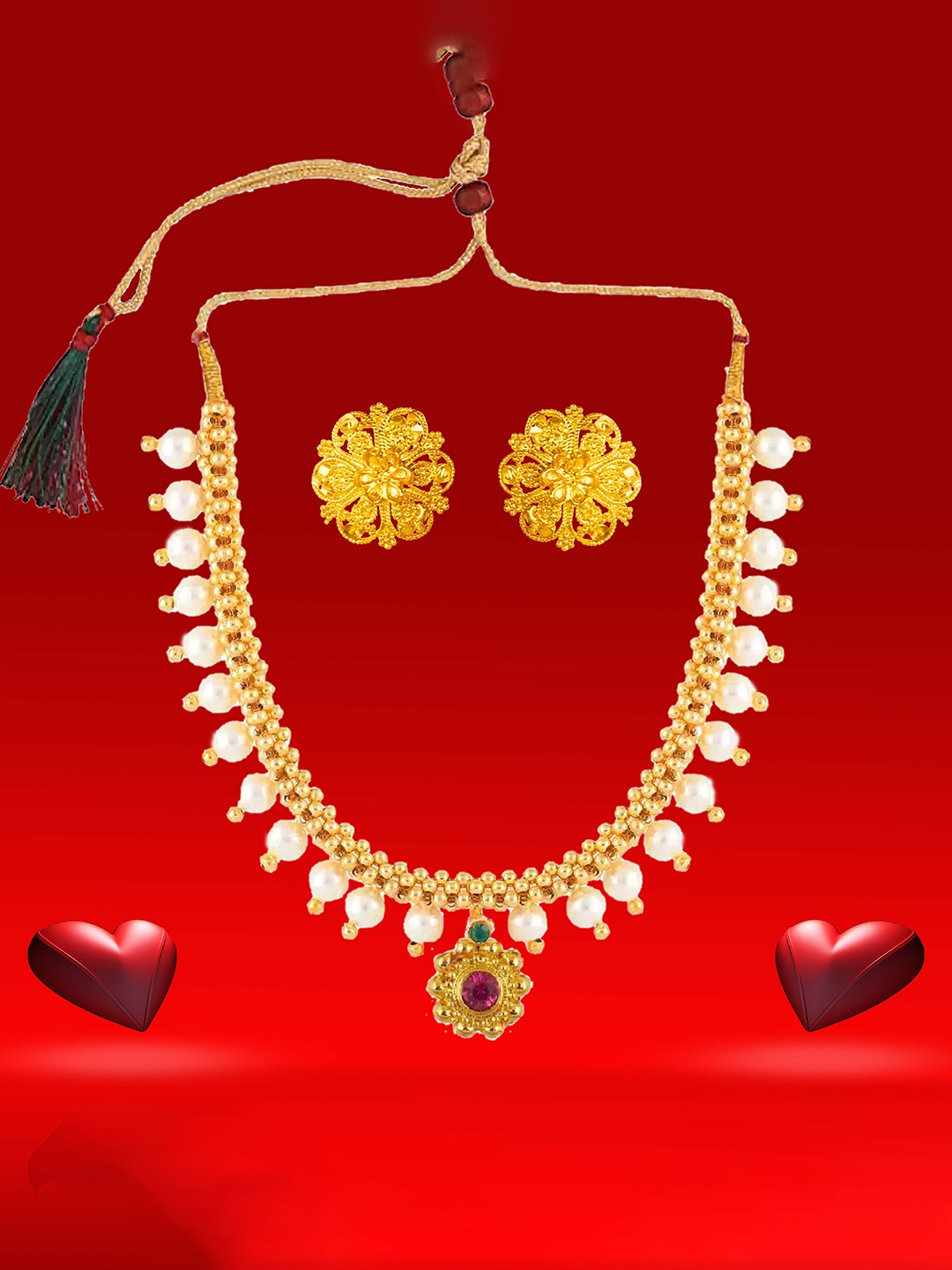 

Heer Collection Gold-Plated Stones-Studded & Peral-Beaded Jewellery Set