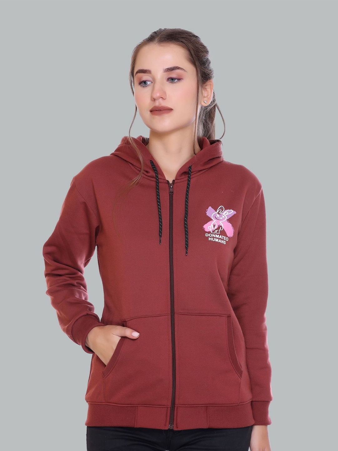 

Pink Marie Women Printed Hooded Sweatshirt, Maroon