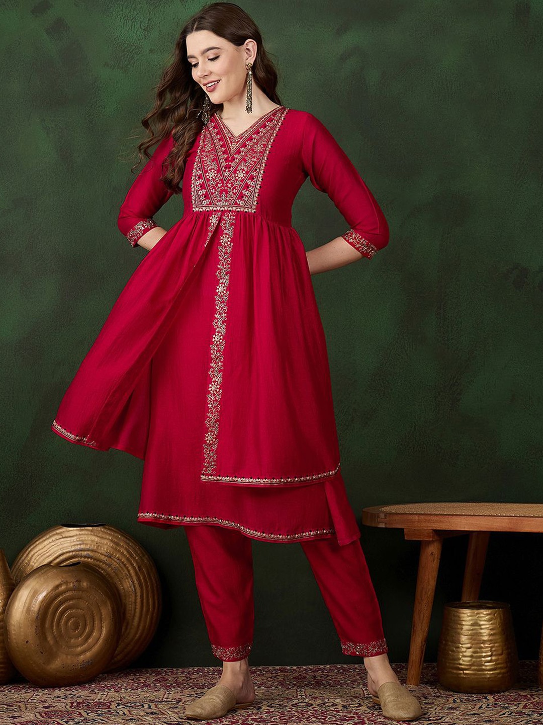 

Sangria Red Floral Embroidered Thread Work High Slit A-Line Kurta With Trousers