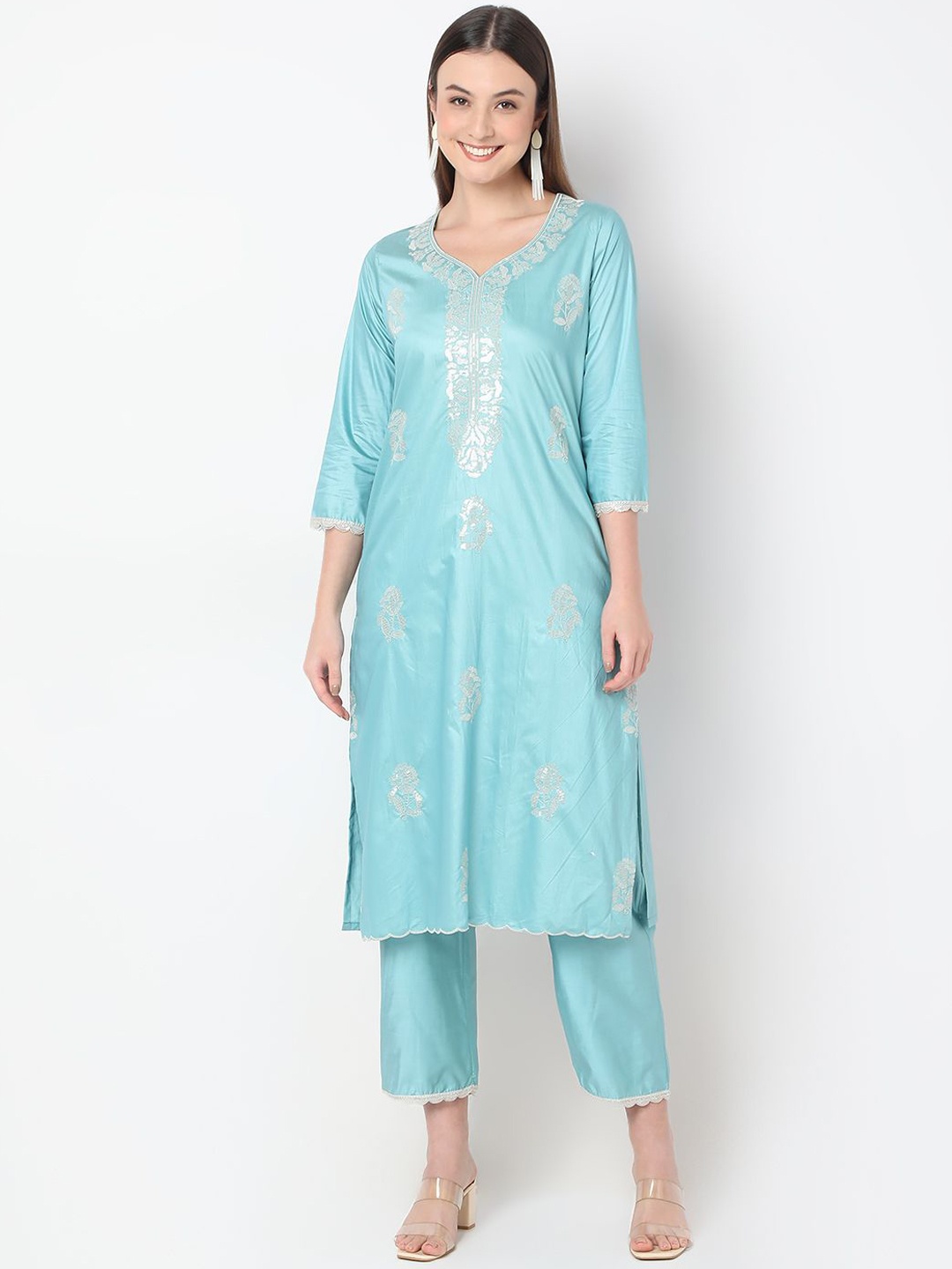 

Ethnicity Ethnic Motifs Woven Design V-Neck Straight Kurta with Trouser and Dupatta, Blue