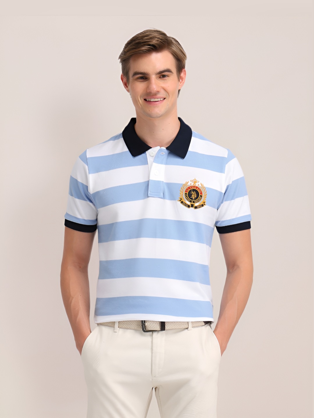 

U.S. Polo Assn. Men Striped Polo Collar Cotton Slim Fit T-shirt, Blue
