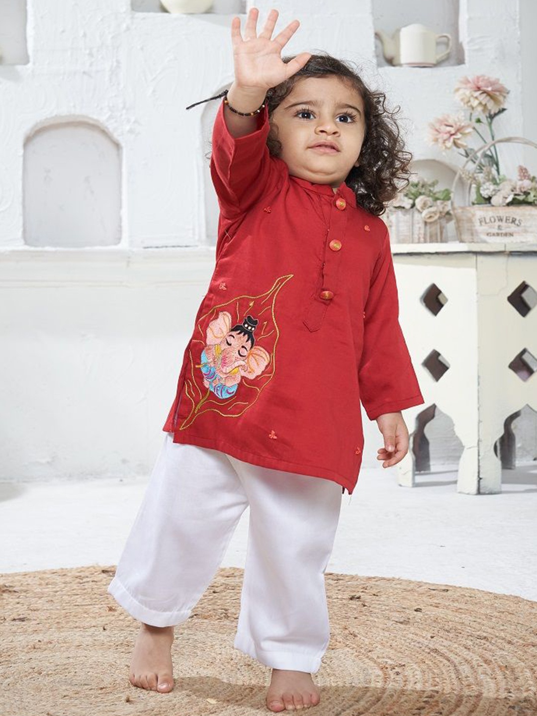 

Vivedkids Boys Lord Ganesha Printed Regular Pure Cotton Kurta with Salwar, Red