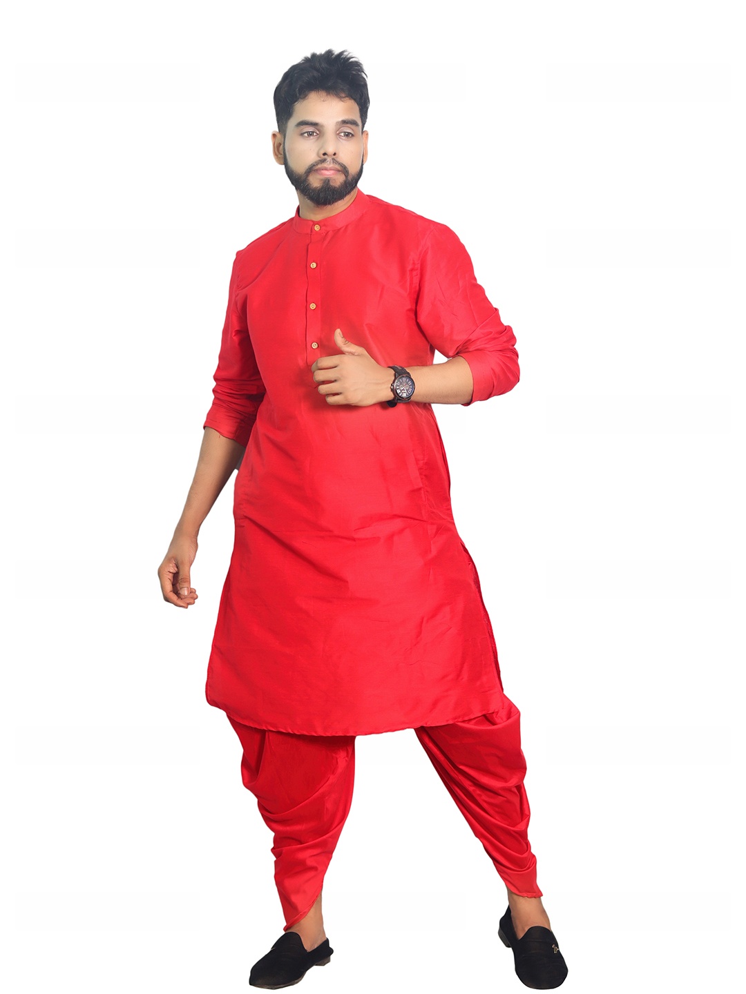 

House of Aqss Band Collar Silk Straight Kurta, Red