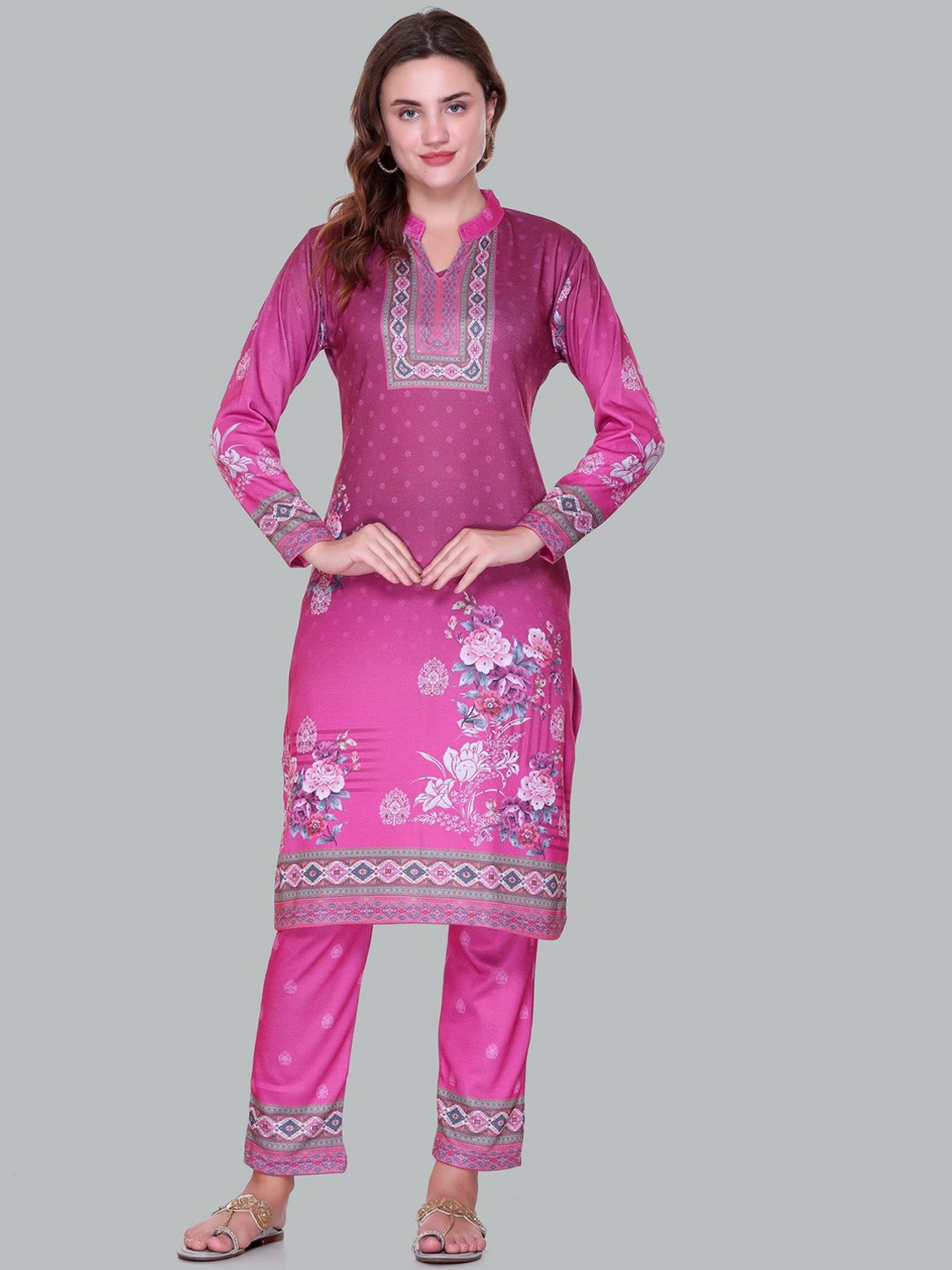 

Melvin Floral Printed Mandarin Collar Straight Kurta with Trousers & Dupatta, Pink