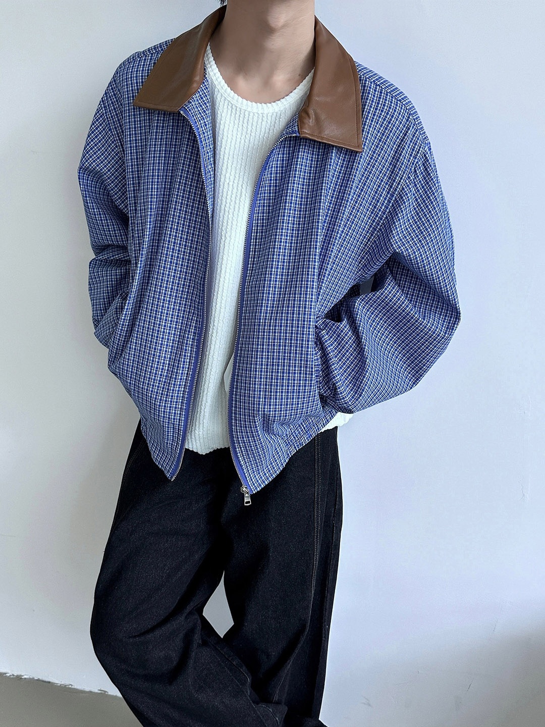 

StyleCast Men Spread Collar Checked Casual Open Front Jacket, Blue