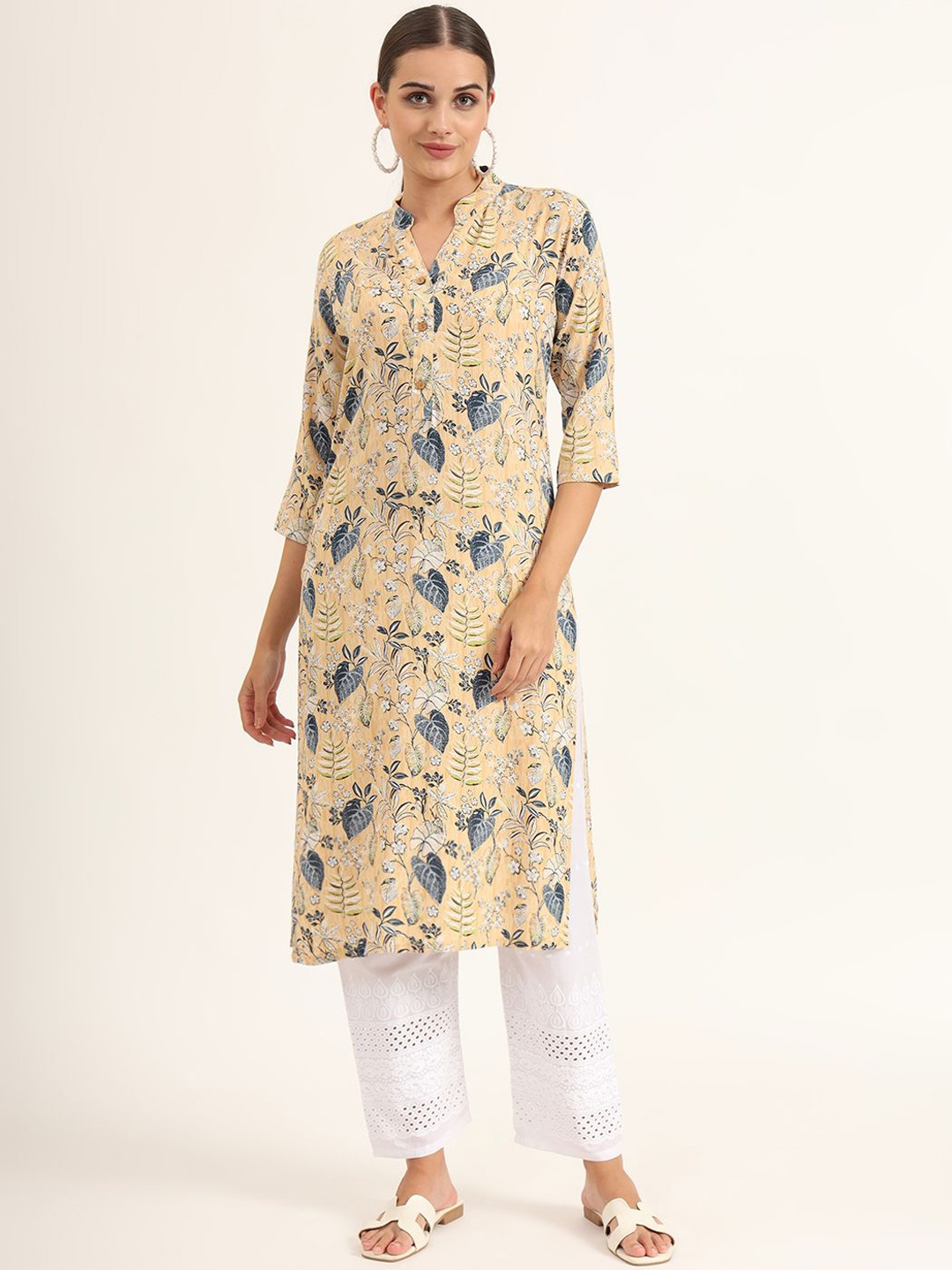 

Divena Floral Printed Mandarin Collar Straight Kurta, Yellow