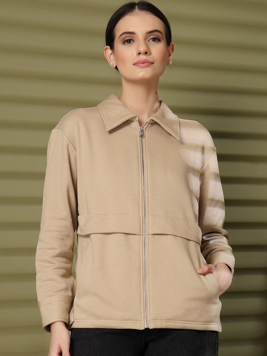 

plusS Women Spread Collar Solid Fleece Casual Open Front Jacket, Beige