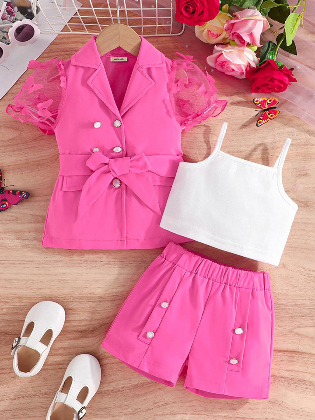 

INCLUD Girls Lapel Collar Short Sleeves Coat With Shorts With Camisole, Pink