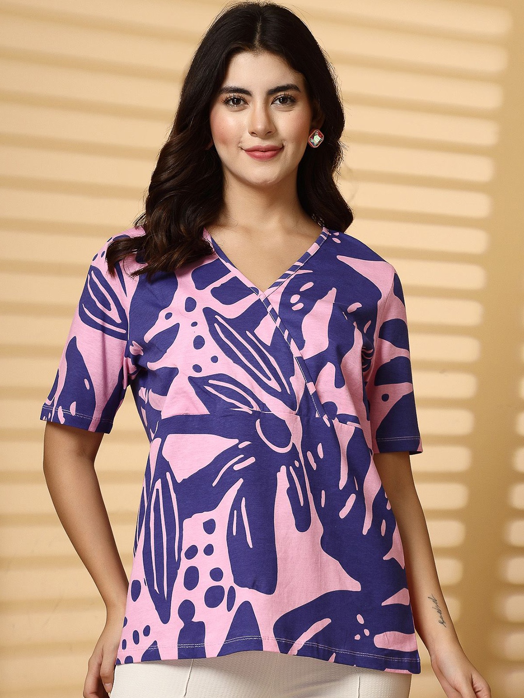 

House Of Zelena Printed Cotton Maternity Wrap Top, Pink