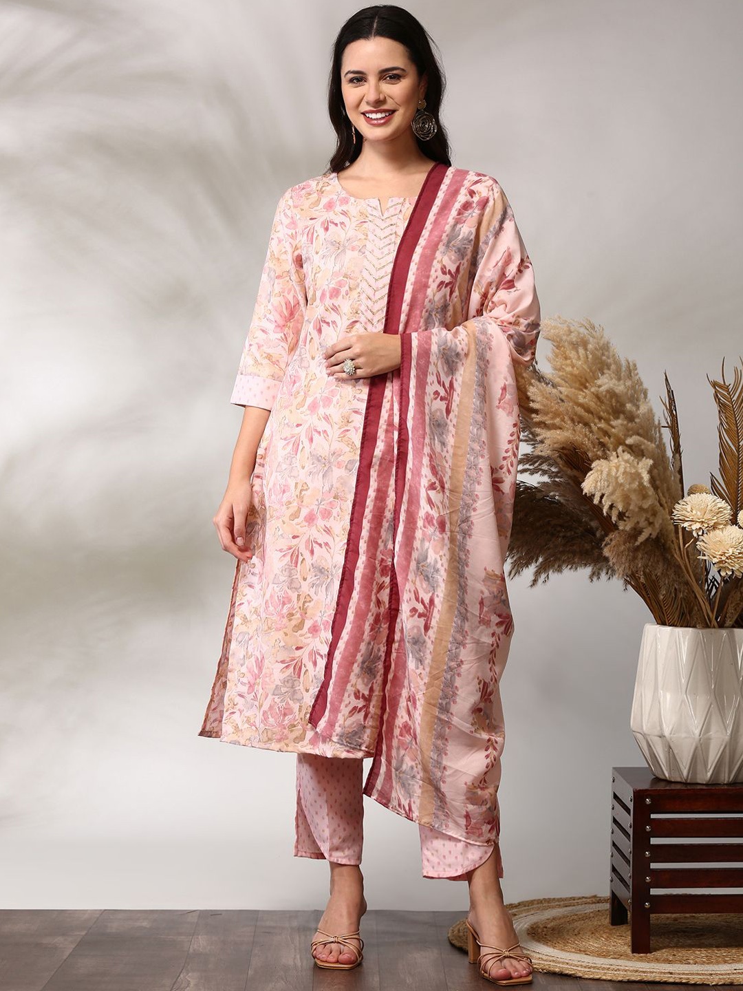 

Anouk Pink Floral Printed Straight Kurta With Trouser & Dupatta