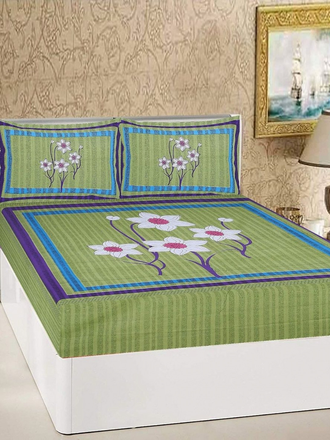 

AYAT COLLECTION Green & Blue Floral 144 TC Queen Bedsheet with 2 Pillow Covers