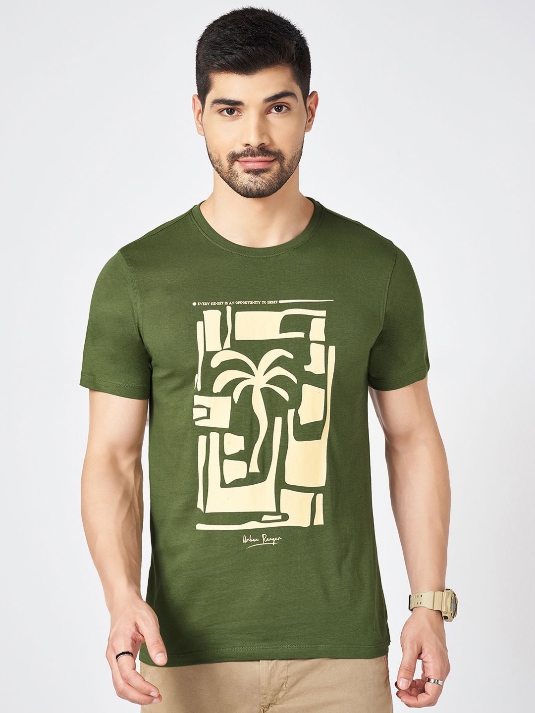 

Urban Ranger by pantaloons Men Graphic Printed Round Neck Cotton Slim Fit T-shirt, Olive