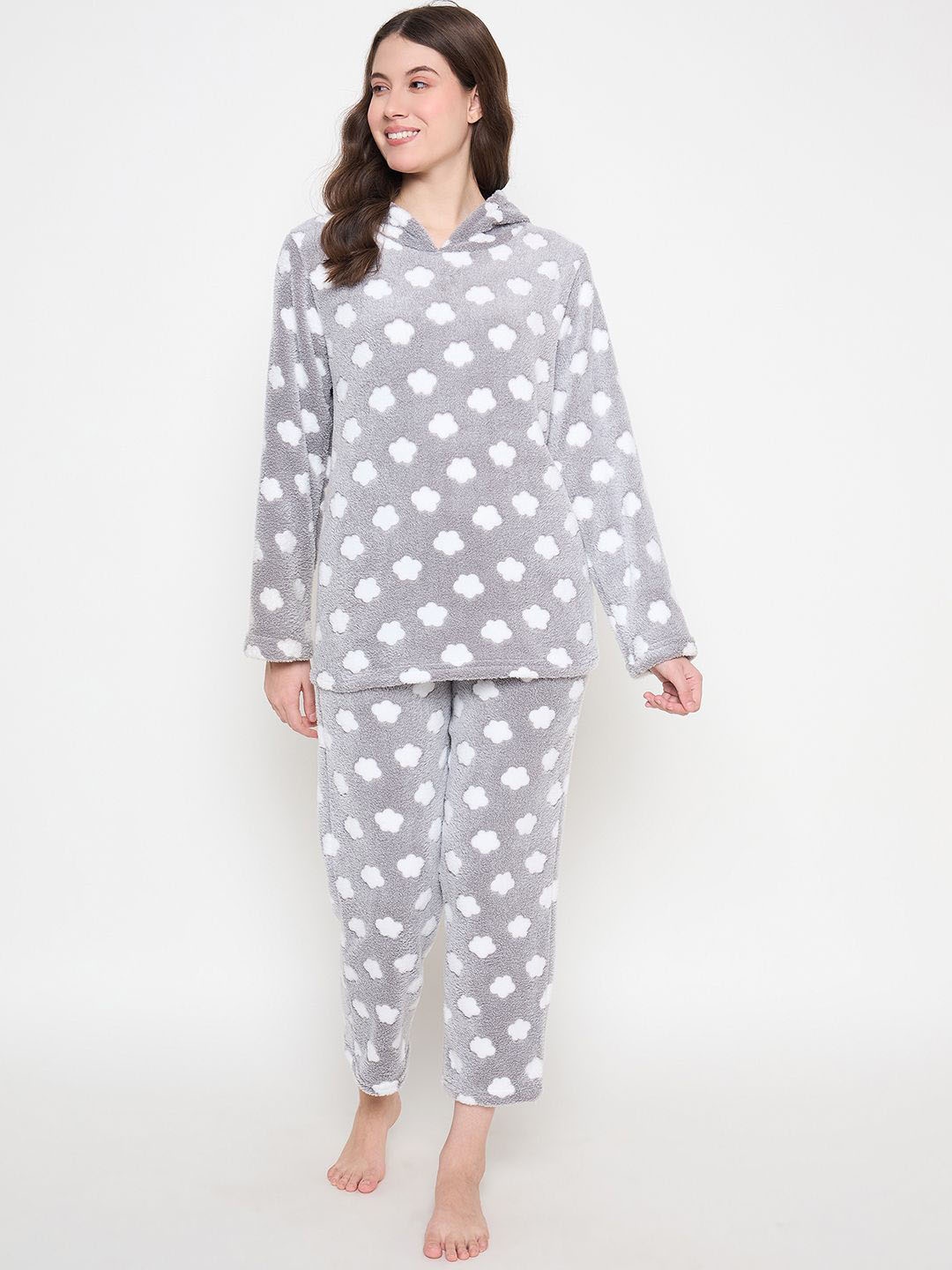 

Camey Women Printed V-Neck Night Suit, Grey