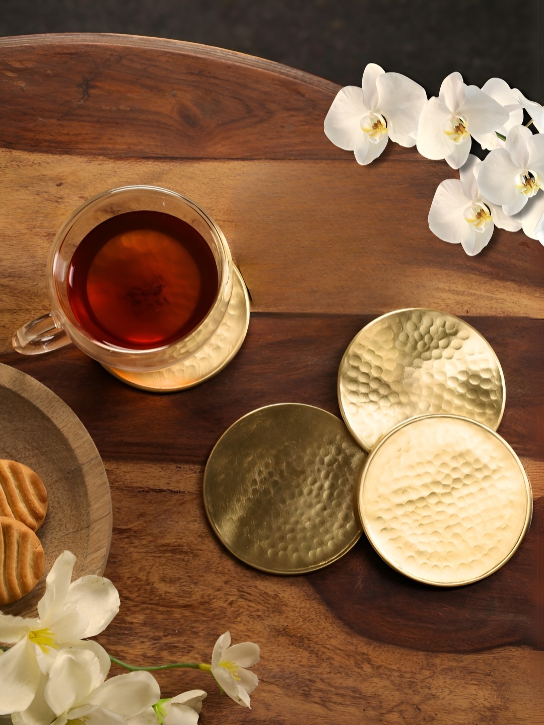 

Peepul Tree Gold-Toned 4 Pieces Matt Finish Brass Round Coasters