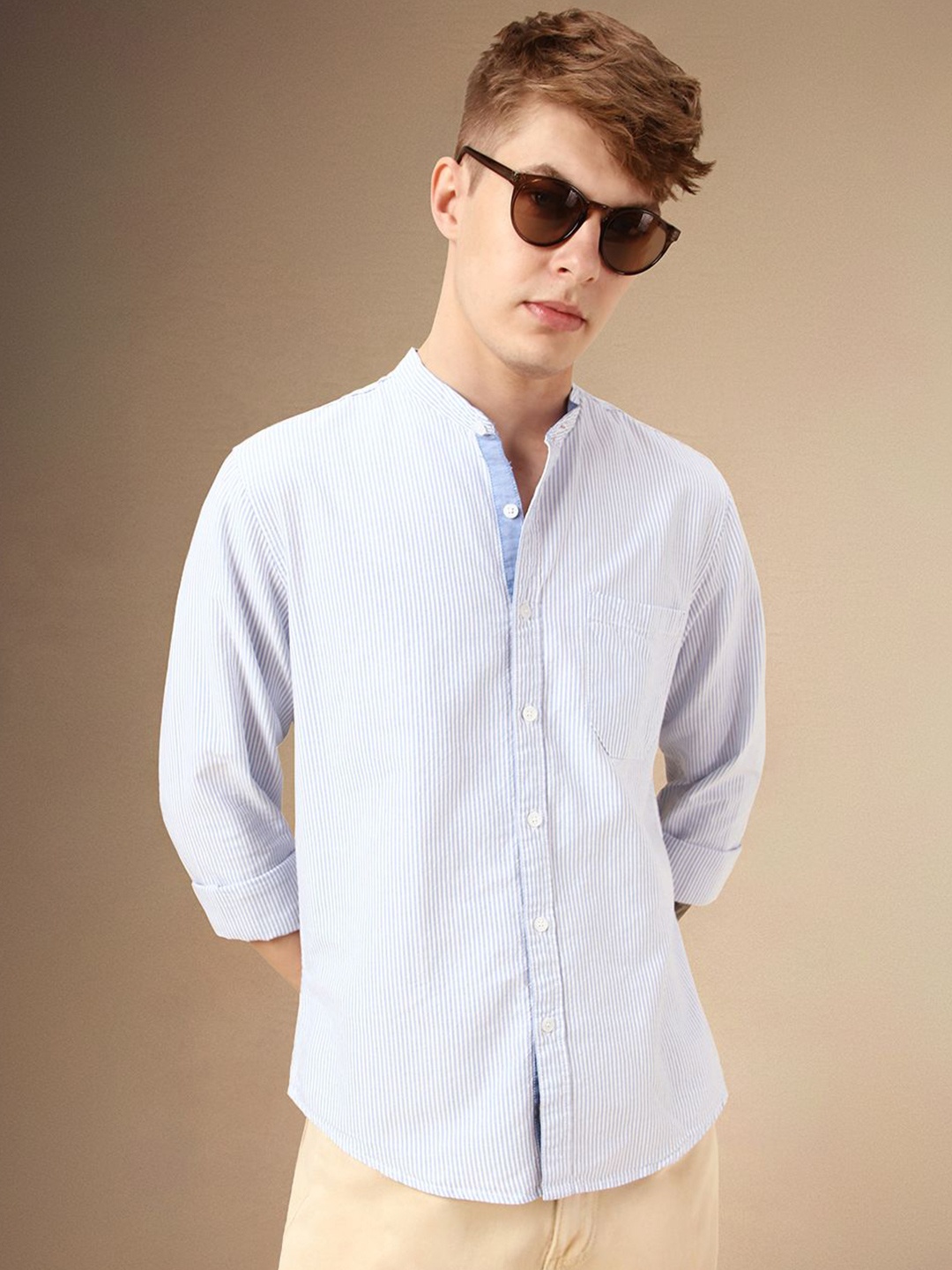

Dennis Lingo Men Classic Fit Band Collar Solid Cotton Casual Shirt, Blue