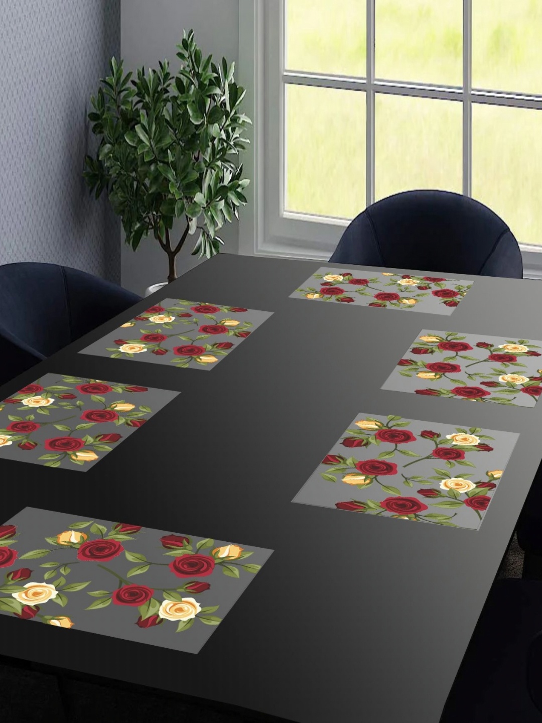 

LooMantha Transparent & Red 6 Pieces Floral Printed Table Placemats, Beige